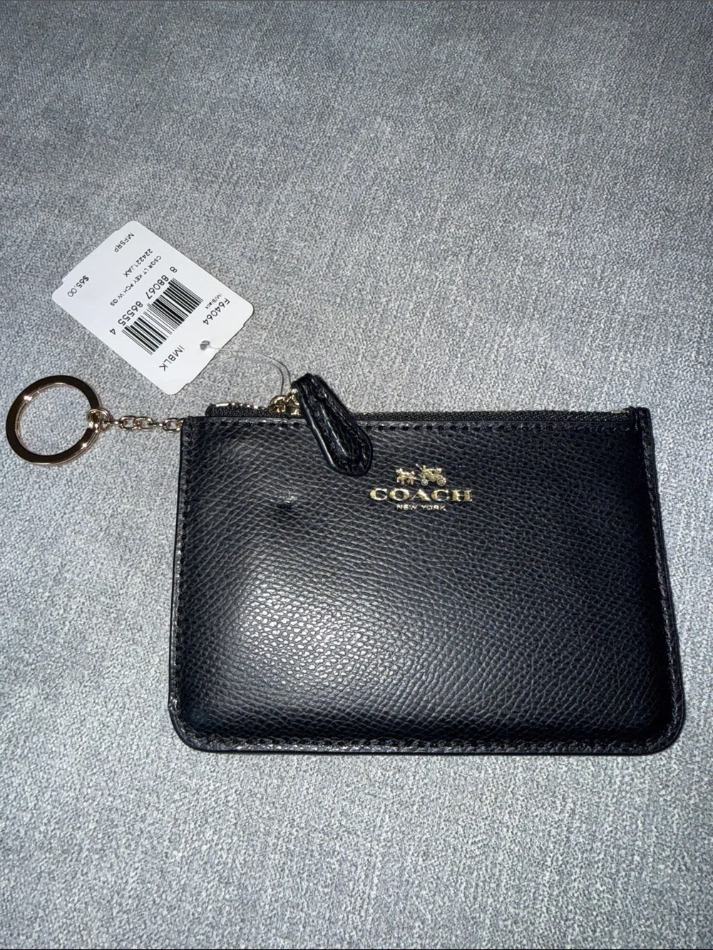 Coach Black Leather Zip Card Case with Gold Keyring